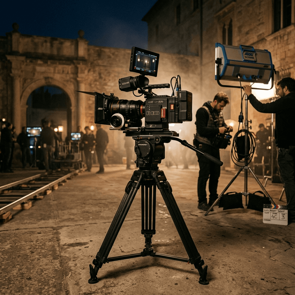 Cámara profesional preparada en un set nocturno